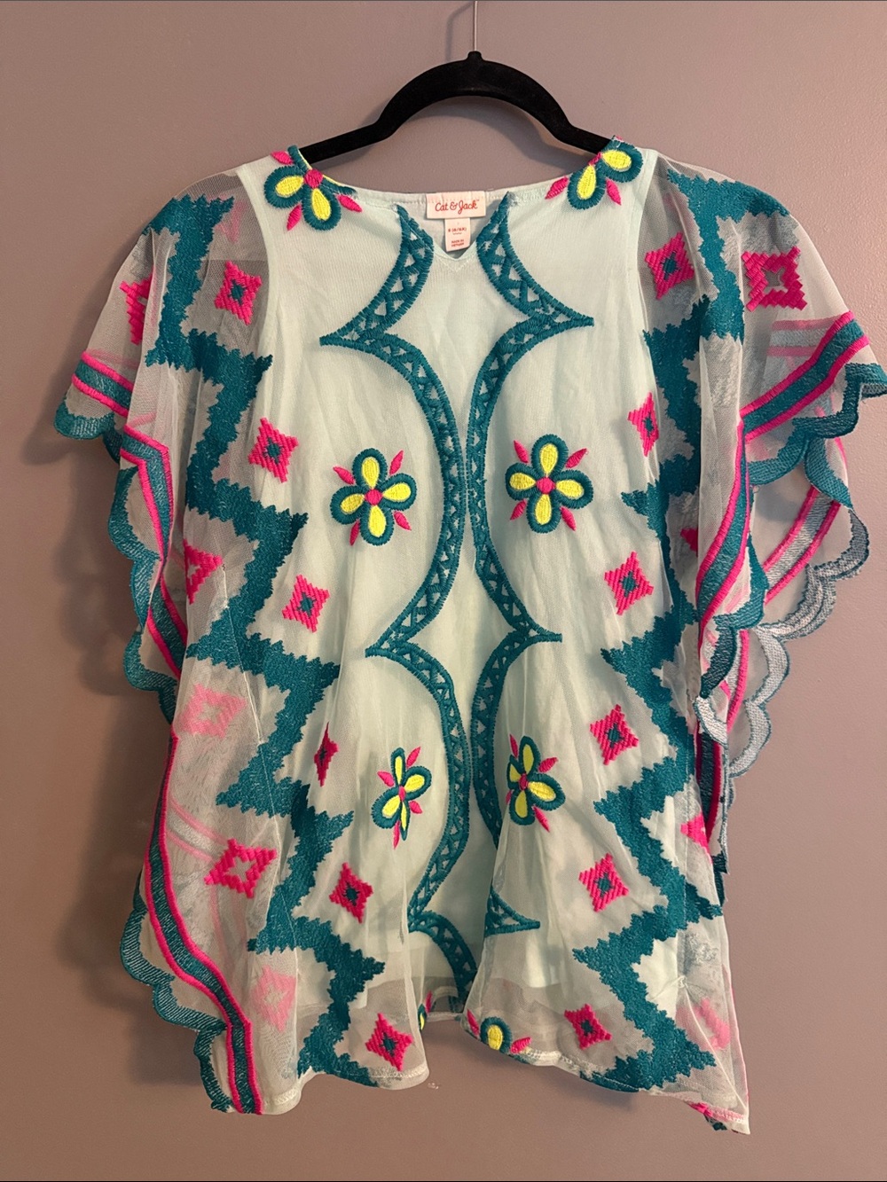 Cat & Jack Mint Kimono Top with Teal and Hot Pink Embroidery